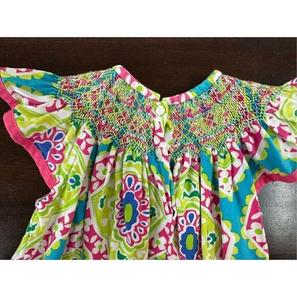 LE ZA ME MULTI-COLOR PRINT SMOCKED DRESS -12M - Picture 3 of 9